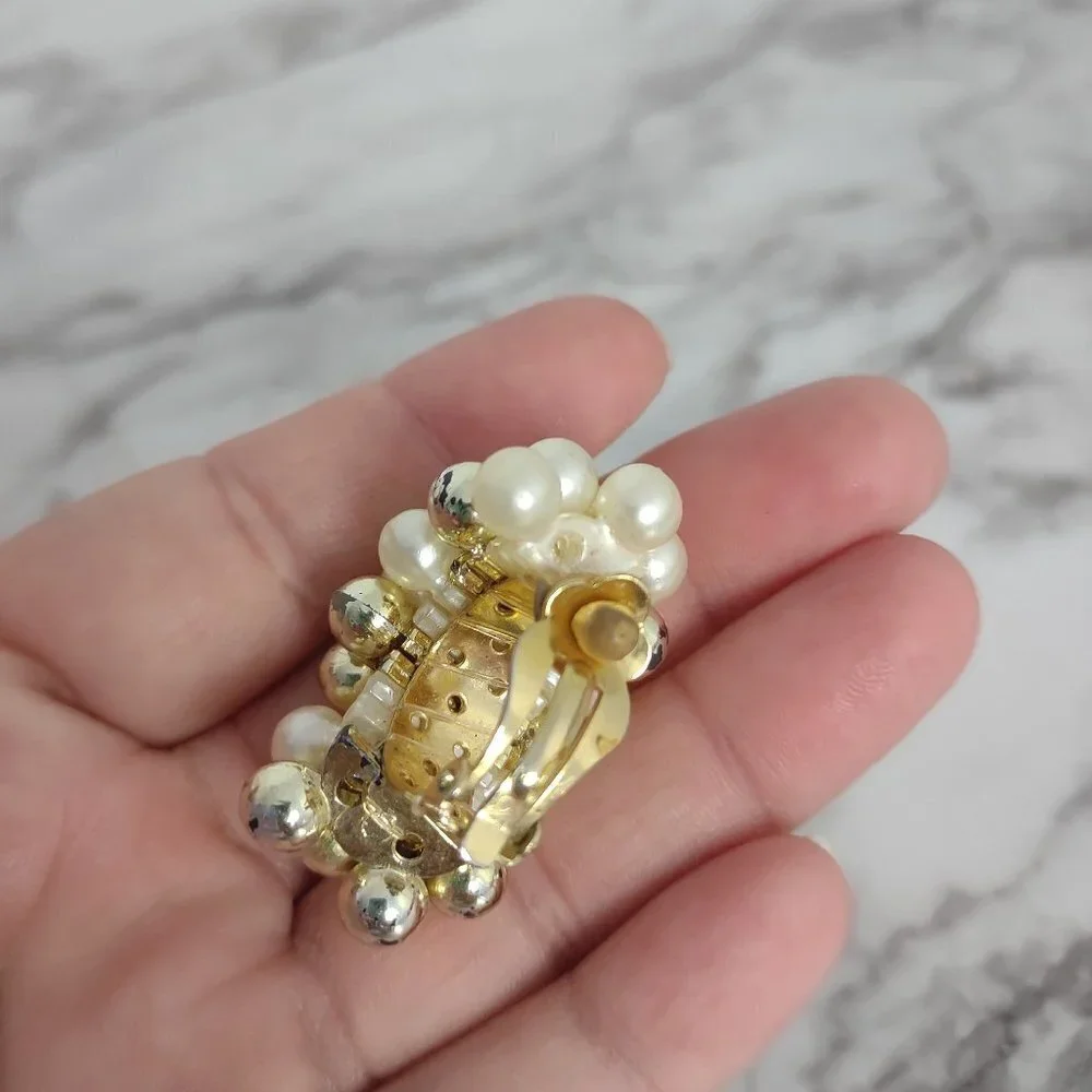 Vintage 80s Clip On Earrings Faux Pearl Bead Strands Dangle Statement 1.5